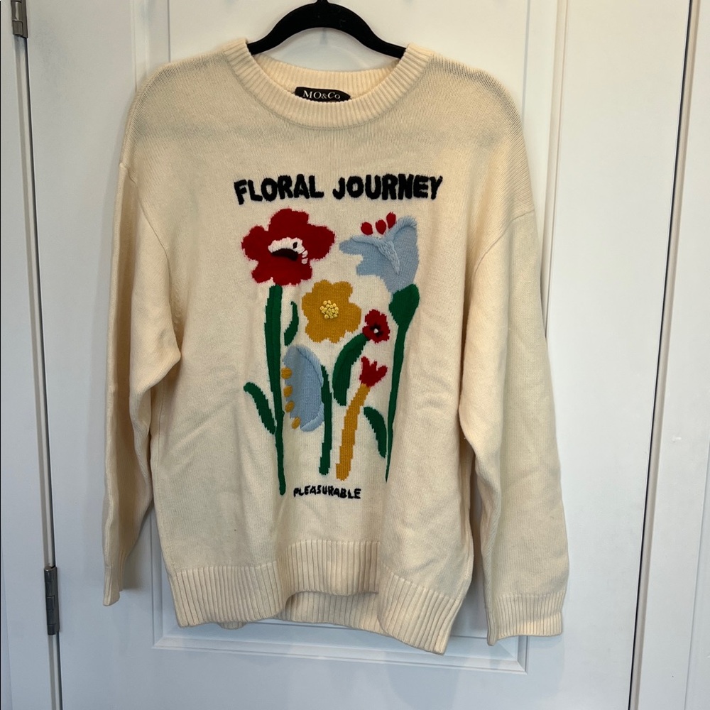 MO&CO. Women's Floral Journey Wool Sweater Size M In Beige